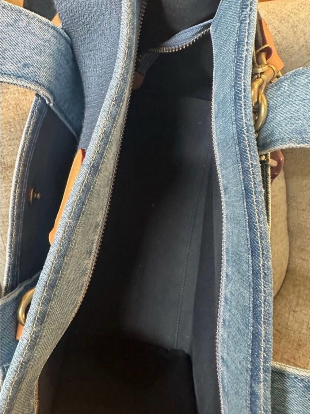Coach Denim Blue Canvas Tote with Navy Strap and Tan Leather Accents - Picture 4 of 6